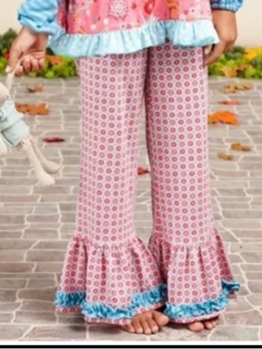 Matilda Jane Girls Pink Floral Patterned Blue Ruffle Flare Pants - 6